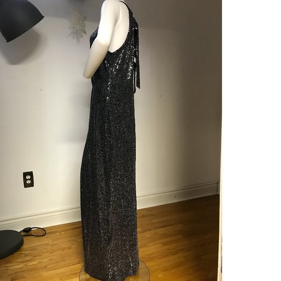 Le Chateau Black Silver Metallic Payette Maxi Gala Dress Gown  Wedding Slit NWT - Picture 3 of 9